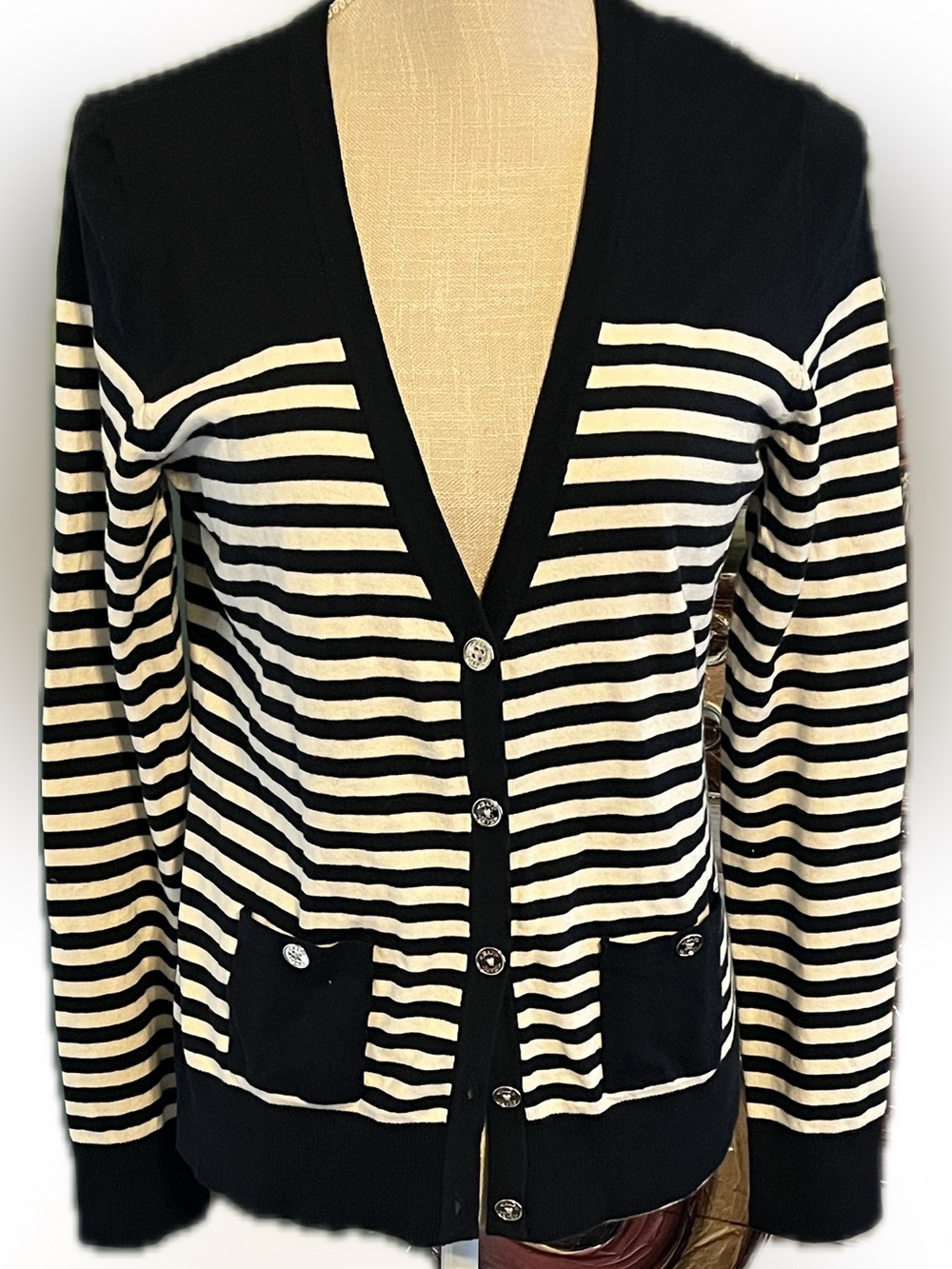 Chaps Black and White Striped V-Neck Sweater, Size M